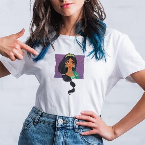 Summer New Women Top Tees Disney Printing T-Shirts Fashion Korean Style Trend T Shirts Round Neck Princess Jasmine Pattern Cute