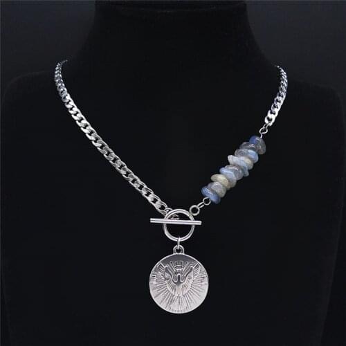 Punk Eagle Stainless Steel Natural Flash Stone Statement Necklace Women Silver Color Bead Necklaces Jewelry collares NXS04
