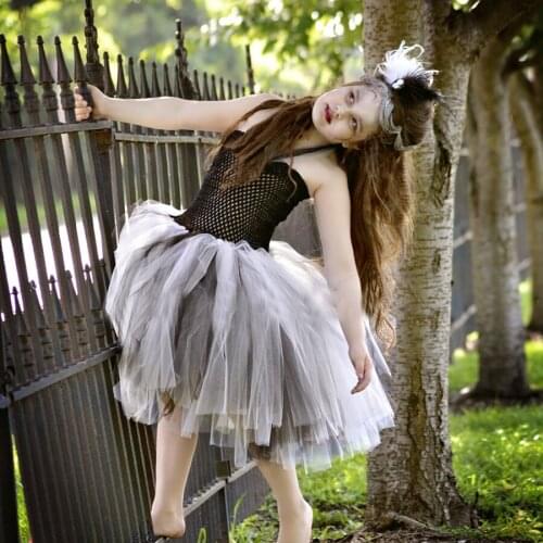 Girls Black White Feather Tutu Dress Kids Crochet Tulle Dress with Hairbow Children Birthday Party Banquet Costume Cosplay Dress