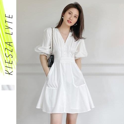 White French Bubble Sleeve Dress 2021 Summer Short V-Neck High Waist Pocket Mini Sexy Dresses Casual Female Vestidos