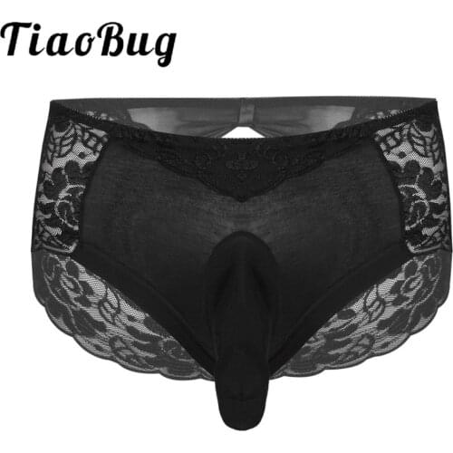 Sexy Mens Lace Underwear Sissy Thong Bulge Pouch Briefs Sissy Floral Lace Briefs Underpants Elastic Waistband Thong Nightwear