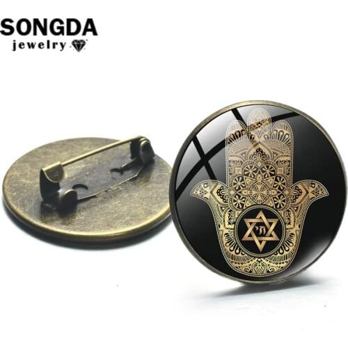 SONGDA Retro Golden Fatima Hand Painted Brooch Lucky Amulet Muslim Jewelry Backpack Shirt Lapel Pins Glass Art Picture Brooches