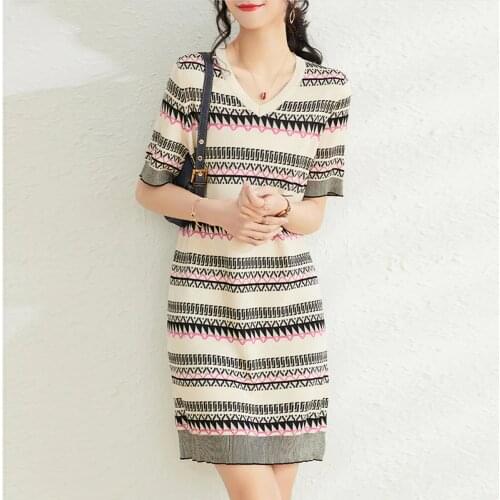 Knitted V Neck New Summer Short Sleeve Straight Women Dress Striped Loose Pullover Sweater Dress Female Outwear Elegant 2021