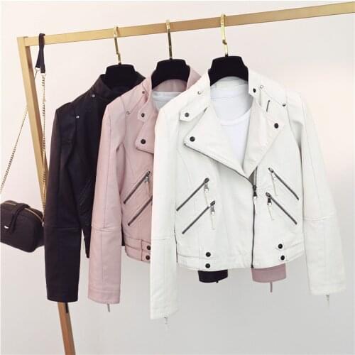 Streetwear Plus size Women Slim Faux PU Leather Jacket Spring Autumn 2021 Stand Collar Long Sleeve Biker Jacket White Short Coat