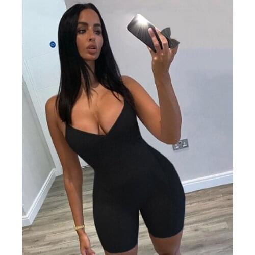 V Neck Lady Jumper Short Overalls Black Gray Orange Sexy Strappy Knit Playsuit Bodycon Women Jumpsuit Party Club Romper Shorts