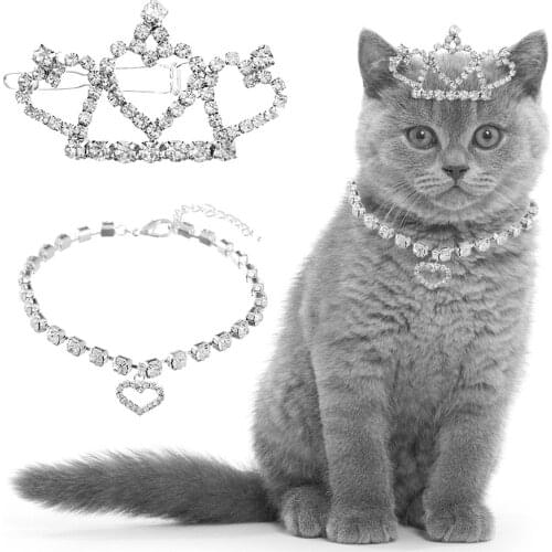 Pets Jewelry Cat Tiara Crown Hair Clip Necklace For Small Dogs Crystal Rhinestone Girls Puppies Barrette Hair Accessories