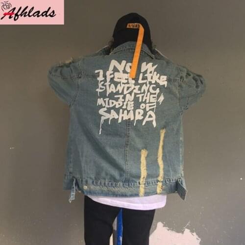 Graffiti Letter Print Autumn New Women Jacket Outerwear Loose Turn-Down Collar Casual Single-Breasted Long Sleeved Denim Coats