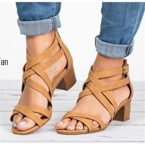 Women sandals PU Buckle Strap 5CM Thick heel High heels Round Toe Shallow women shoes sandalias mujer 2020 size 35-42 black