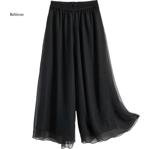 Women Pant Wide Leg Solid Color Culottes Pant Female High Waist Thin Chiffon Plus Size Casual Ladies Culottes Trousers