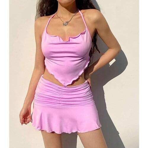2Pcs Women Summer Outfit Solid Color Halter-Neck Backless Tank Tops + Ruffled Skirt Suit for Female Purple Blue