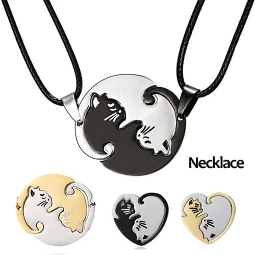 2pc/pair Couple Heart Necklace Matching Puzzle Cat Pendant Jewelry Valentine Gift