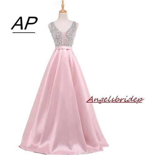 Angelsbridep 2021 Satin Prom Dresses Deep V-Neck Crystal Sequined Vestidos De Fiesta Real Photo Bodice Prom Party Gowns Custom