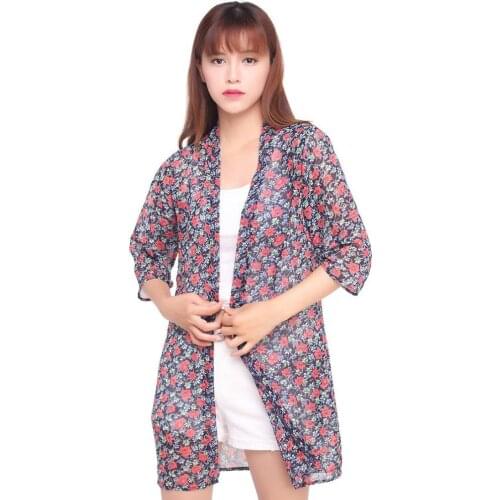 Women Flower Stripe Dot Print Summer Beach Sunscreen Cardigan Top Cover Up Shawl