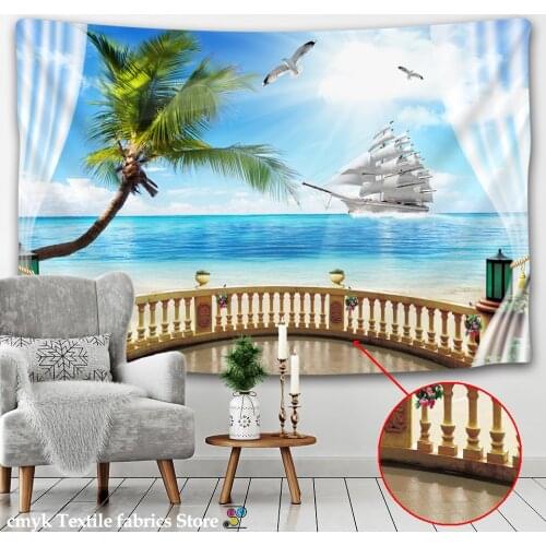 Seaview Room Tapestry 3D Printed Large Wall Tapestry Boho Hippie Home Decor Sea Coconut Tree Wall Hanging Beach Hand Wash Woven