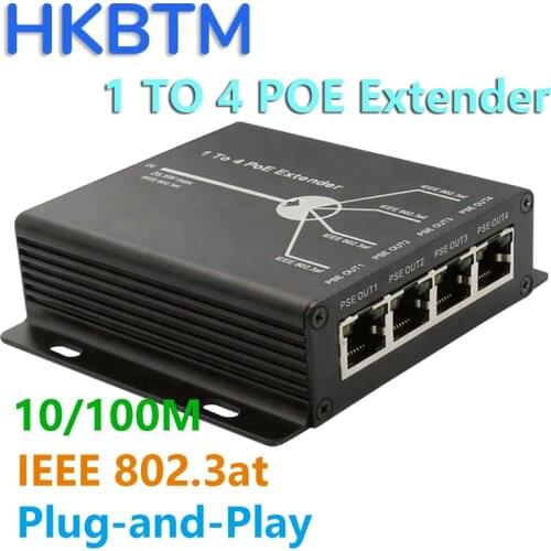 Newest 4 Port IEEE802.3af PoE Extender for IP camera Extend 120m transmission distance with 10/100M LAN ports