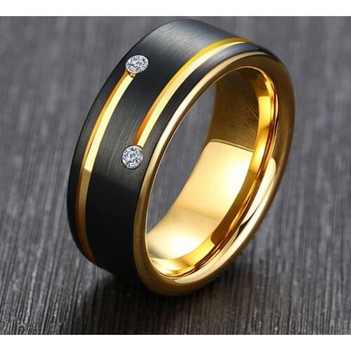 I & FDLK Mens Stainless Steel Ring Black and Golden Color 8mm Wedding Band For Men AAA Cubic Zirconia Jewelry Size 6-13