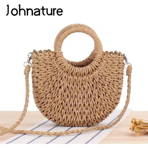 Johnature Leisure Semicircle Straw Bag Versatile Bohemian Holiday Beach Crossbody Bag Hand Woven Women Handbag Shoulder Bags