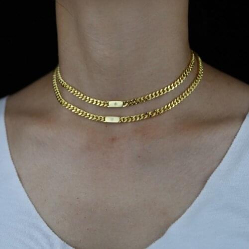 Gold Color Classic Fashion Women Jewlery Rock Punk 5MM Curb Cuban Link Chain Starburst Tag Necklace