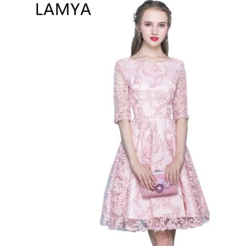 LAMYA Pink Half Sleeve Prom Dresses 2019 Short A Line Evening Party Dress Simple Red Cheap Plus Size Gown vestidos de festa