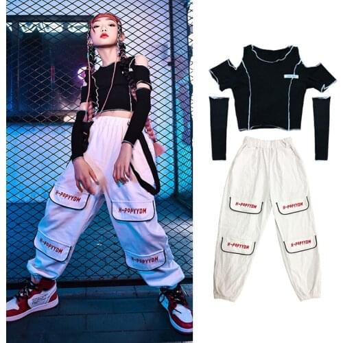 Summer Girls Street Dance Clothes Suit Off-Shoulder Tee Casual Dancing Practice Trousers Catwalk Show Performance Set VDB3620