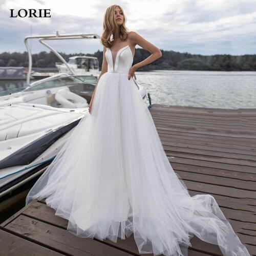 LORIE A Line Beach Wedding Dress V Neck Puffy Tulle Strapless Bride Dresses Simple Boho Wedding Gowns Custom Made