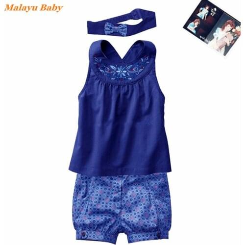 Malayu Baby Summer Baby Girl Clothes Set Infant Cotton Flower Embroidery Sleeveless Vest + Floral Shorts + Headband 3 Pcs 0-24 M