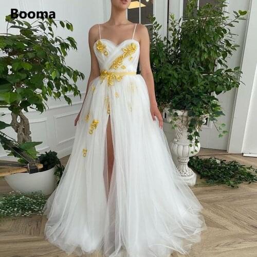 Sweetheart Tulle Beach Wedding Dresses Spaghetti Straps Appliques A-Line Wedding Party Gowns High Slit Open Back Bride Dresses