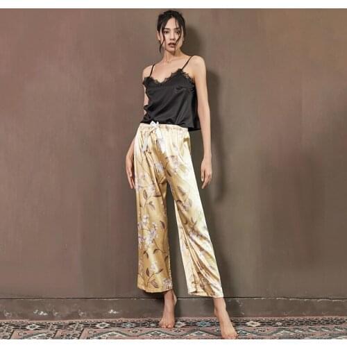 Fashion Sling Trousers Womens pajamas Suit New Sleeveless Sexy Lace Ice Silk Two Piece Set Summer Sleepwear Set Home Clothes