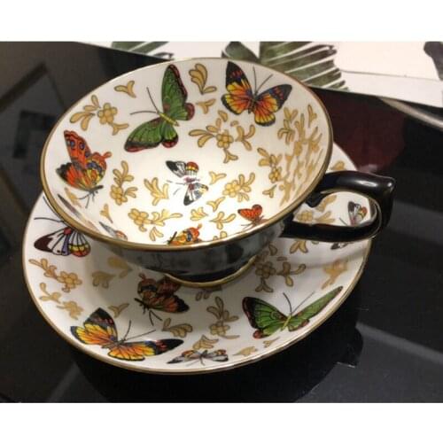 Fashion Coffee Cup Saucer Set British Royal Tea Cappuccino Ceramic Cup Butterfly Pattern Bone China Golden Edge Red Tea Cup