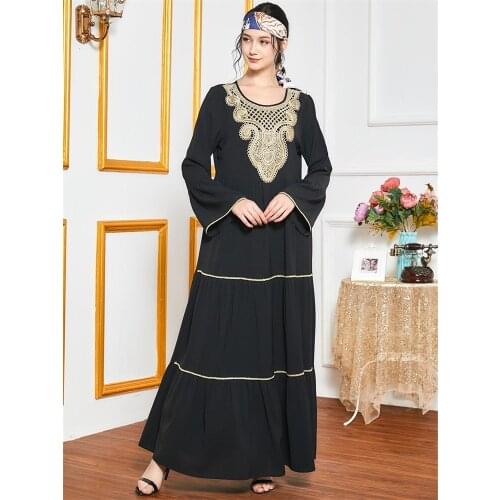 Muslim Abaya Dress Women Vintage Ethnic Golden Embroidered Maxi Dresses Modest Arabic Mroccan Kaftan Isalmic Clothing Autumn