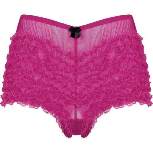 Mens Sissy Lingerie Solid Color Bowknot Briefs Semi-see Through Underpants Elastic Waist Underwear Sexy Lace Ruffle Boxer Shorts