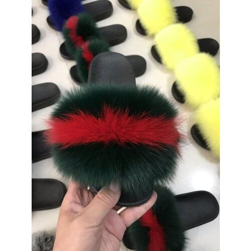 Wholesale 100% Real Fox Slippers Kids Winter Fur Child Home Slides Girls sliders Raccoon Fluffy Chinelo Flats Beach Summer