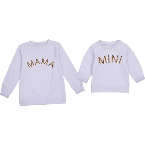 FOCUSNORM Family Mother Baby Girls Autumn Sweatshirt Tops Mama Mini Letter Leopard Print Long Sleeve Pullover Tops