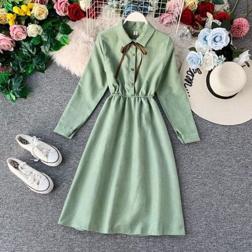 Womens Shirt Dress With Bow Long Sleeve High Waist Button Solid France Lady Elegant Midi Dresses Woman Vestido Female LS201