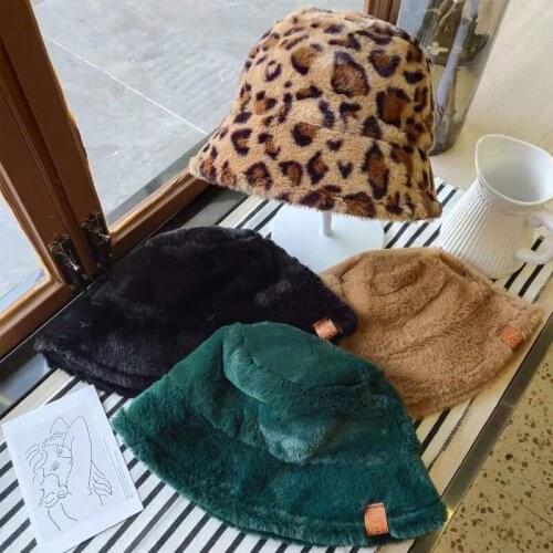 Plush Bucket Hat Leopard Print Autumn Winter New Arrival Thickening Soft Warm Solid Simple Fashion Sweet Cute Free Shipping