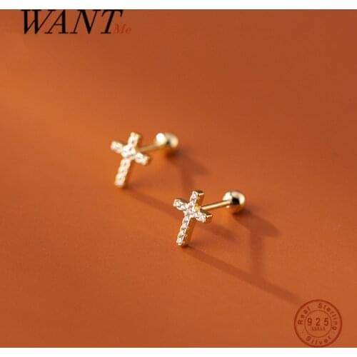 WANTME Stud Earring 925 Sterling Silver Classic Chic Zircon CZ Cross Bead Earrings for Women Simple Retro Party Bohemia Jewelry