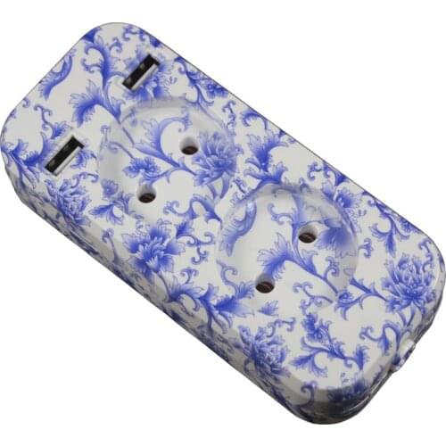 Power Strip 2 EU Plug 1200W 250V,5V 2A Quick install Socket Portable 2 USB Port Blue and white porcelain color FBW6-01