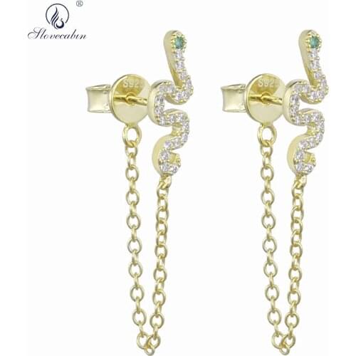 Slovecabin 925 Sterling Silver Green Snake With Clear Zircon Stud Earring For Women Party Statement Hanging Chain Jewelry Making