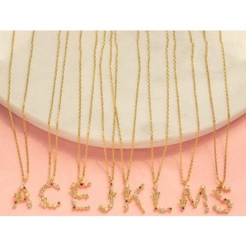 2021 Spring New Colorful Stone Pearl CZ Butterfly Engraved 26 Initial Gold Color Name Alphabet Letter Pendant Necklace