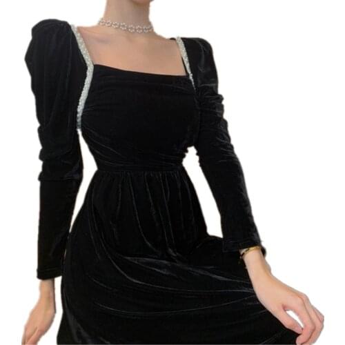 French style vintage velvet dress women pearl beading square collar slim high waist party dress