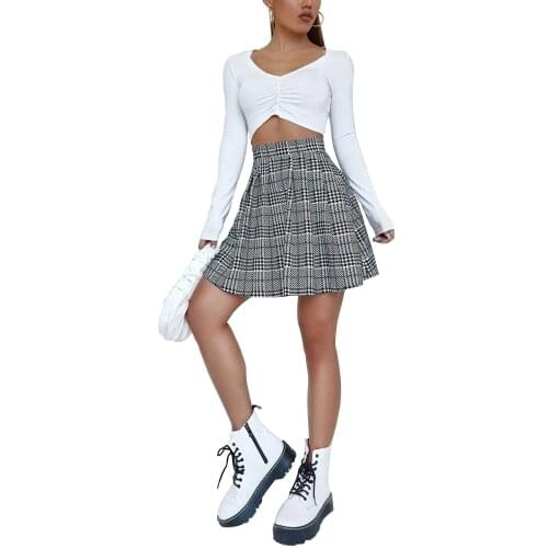 Women Spring Skirts Houndstooth High Elastic Above Knee Pleated Miniskirt with Back Zipper for Girls Black