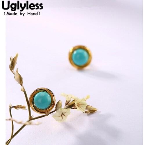 Uglyless Real 925 Sterling Silver Women Fine Jewelry Nature Turquoise Beads Stud Earrings Handmade Ethnic Brincos Vintage Bijoux