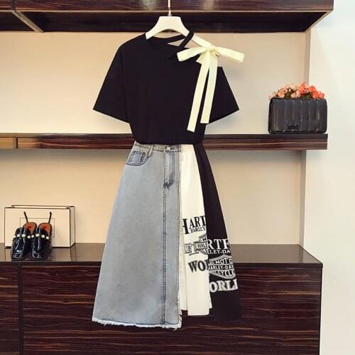 Chic Irregular Letter Print Patchwork Denim Skirts Two piece set Women Summer New Skew collar Bow Tshirt Casual Suits