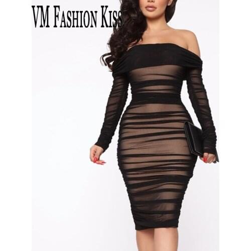 2021 Spring Summer Womens Mesh Yarn Neck Long Sleeve Pleated Dress Tube Top Sexy Strapless Vestido De Mujer Black Skirt
