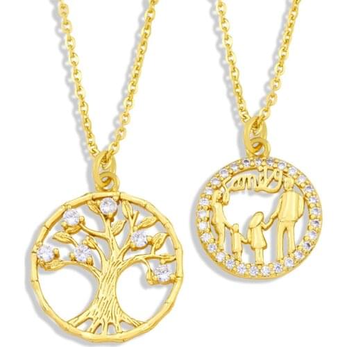 FLOLA Gold Chain Tree of Life Necklace Copper CZ White Stone Letter Family Necklace Pendant Family Jewelry nkew56