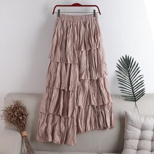 2020 New Korean Sweet Girl Elastic High Waist Casual Loose Ruffle Skirt Women Multi-layer Cake Skirt Long Female Asymmetry Skirt