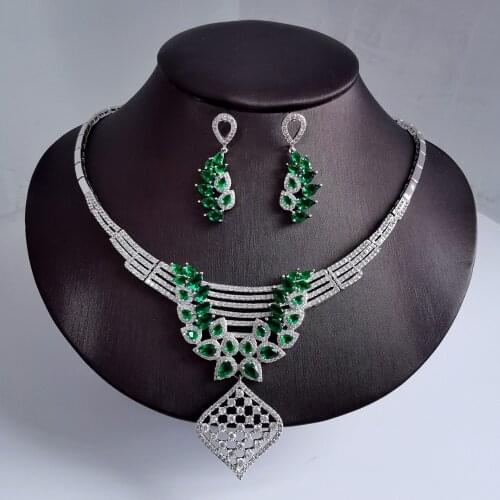 2021 NEW FASHION romantic retro green CZ zircon necklace earring wedding bride banquet formal dress jewelry set free shipping
