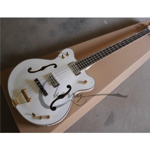 Free shipping 4 string 335 electric bass guitar,semi hollow body,golden binding fixed bridge,chrome buttons