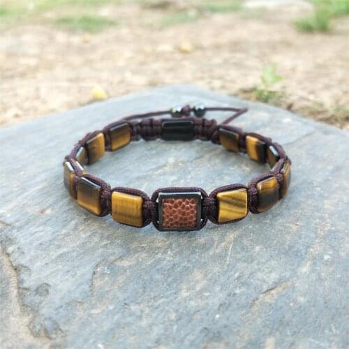 Ailatu Natural Tiger Eye Stone Genuine Stingray Leather Square Macrame Bracelet Diy Woven Men Jewelry