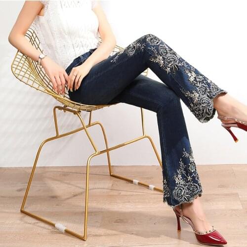 FERZIGE Brand Luxury Beading Embroidery Flare Pants Women Stretch Slim Fit Jeans Female Casual Mom Trousers Plus Size 36 New
